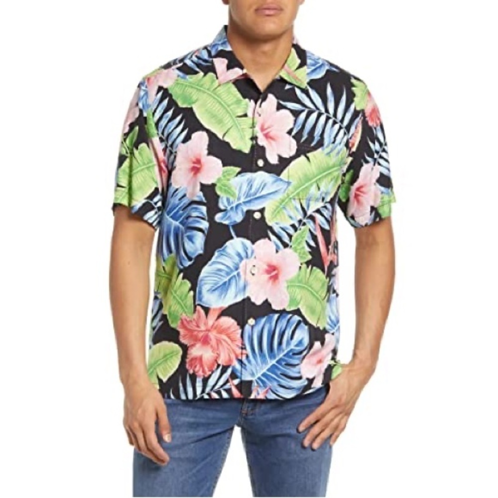 Tommy Bahama Hibiscus Grove 100% Silk Short Sleeve Camp Floral Black Pink